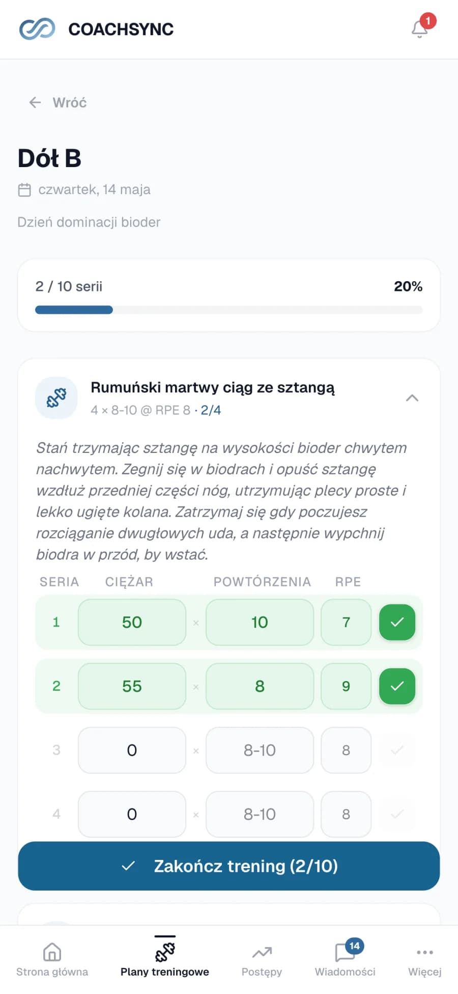 Mobilny ekran zapisu treningu z polami ciężar, powtórzenia i RPE dla ćwiczenia podciągania.