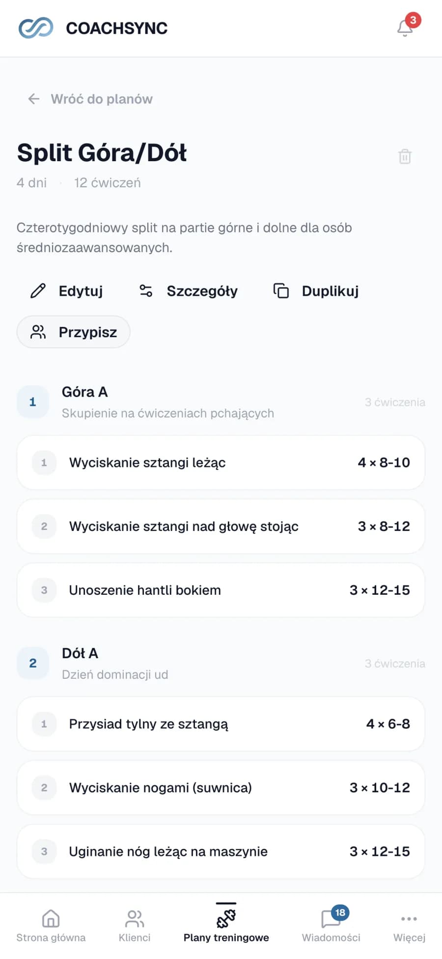 Edytor planu treningowego pokazujący podział góra/dół z ćwiczeniami, seriami, powtórzeniami, przerwami i RPE.