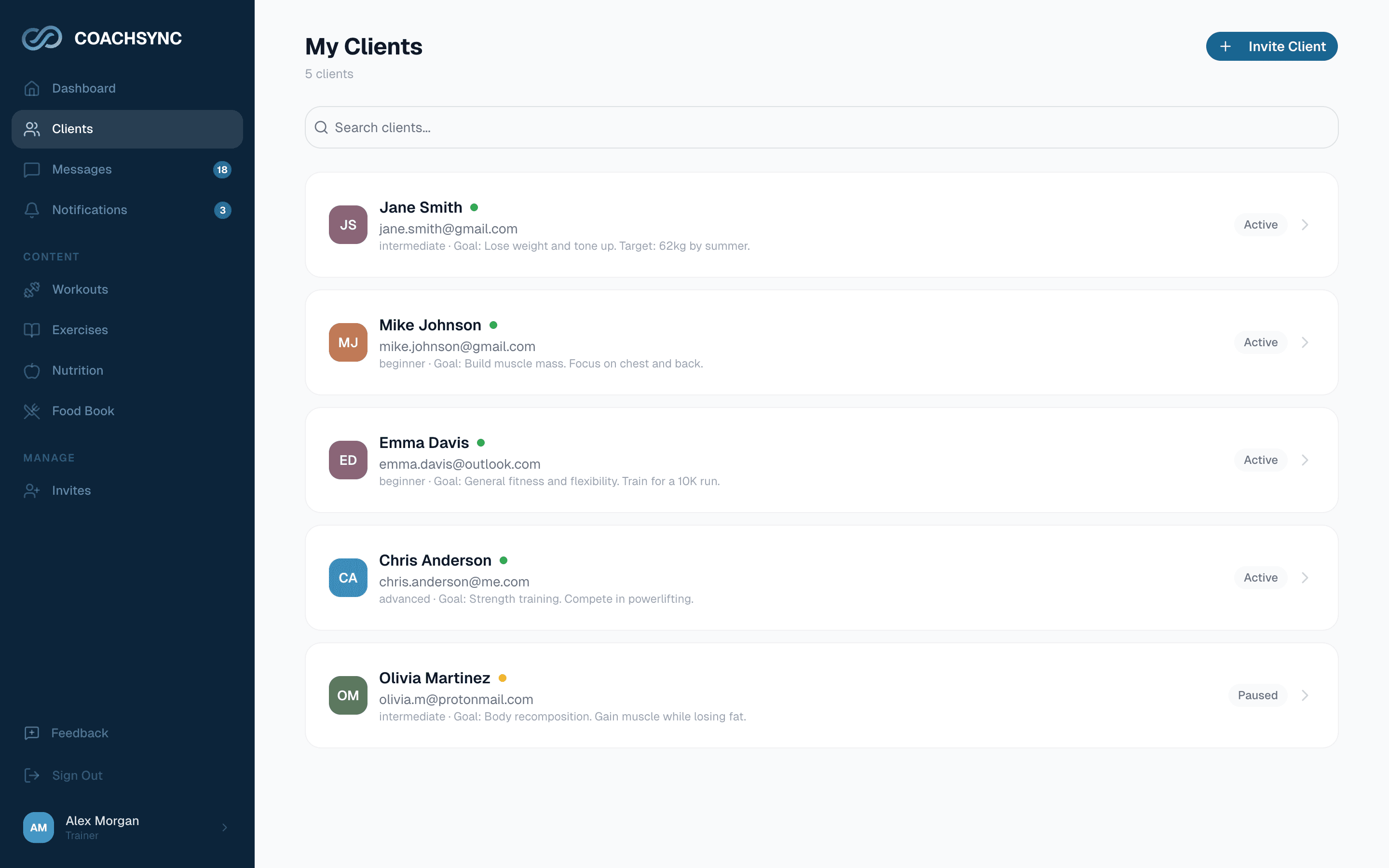 CoachSync clients dashboard listing five trainees with their goals and active or paused status.