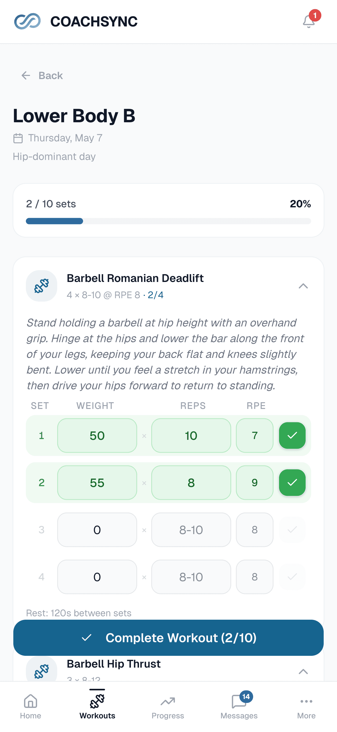 Mobile workout logging screen with weight, reps, and RPE inputs for a Pull-Up exercise.