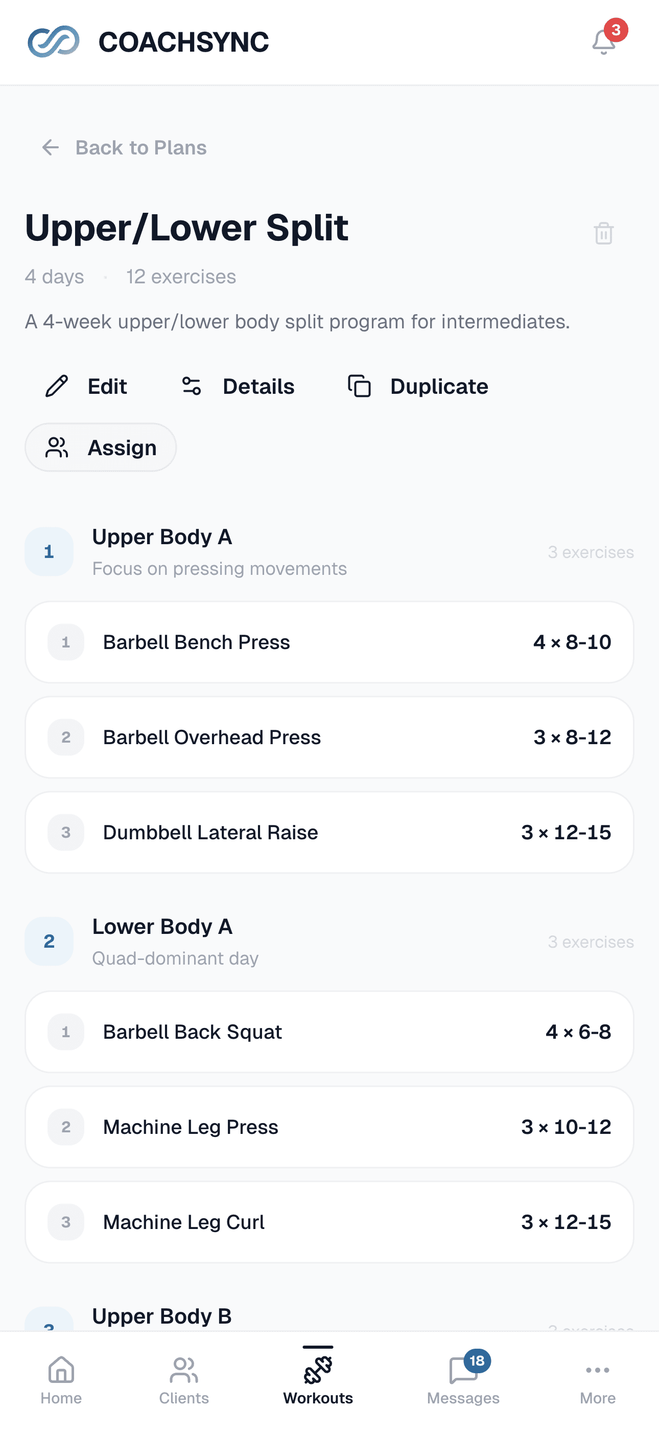 Workout plan editor showing an Upper/Lower split with exercises, sets, reps, rest, and RPE.