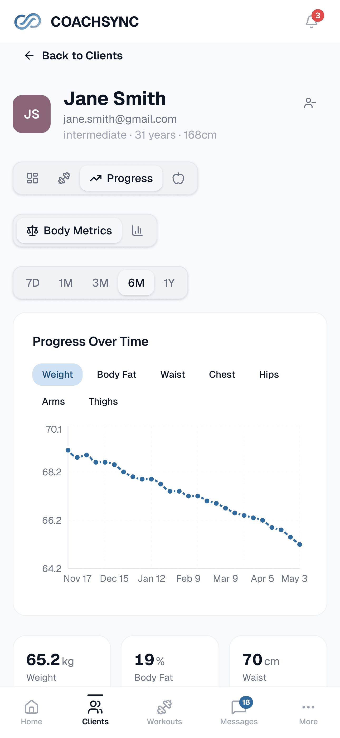 Client progress page showing a 3-month bodyweight chart trending down with summary stats.